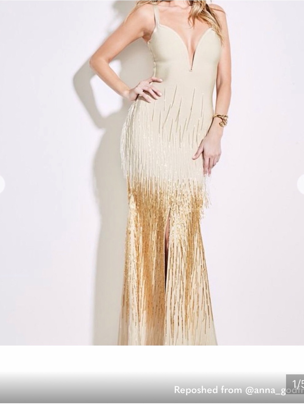 Chic Cream and Gold Fringe Prom Gown